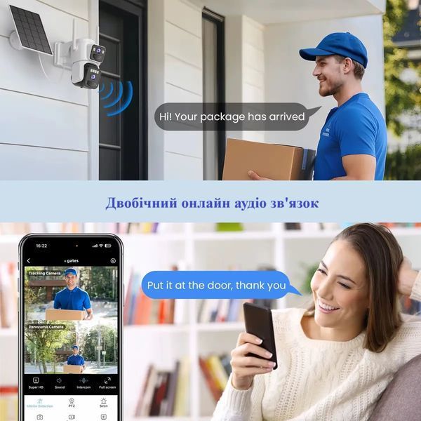 Поворотная WiFi камера 2 линзы 4к / Видеокамера с солнечной панелью 8mp G6558 фото