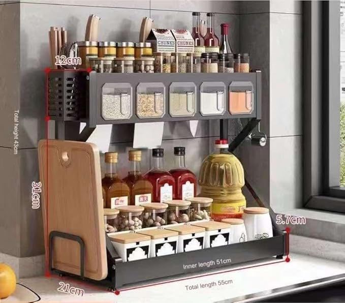 Органайзер для приправ Glaceon Spice Rack, двоярусна стійка для посуду + спецівниця, багатофункціональна сушарка посуду та спецій, містка полиця для спецій з кухонними шафами 2053801 фото