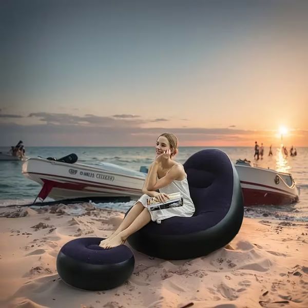 Надувний диван з пуфом Air Sofa / Надувне велюрове крісло з пуфом+насос Фіолетовий 255874321/4 фото